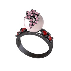 Afra İnci Yüzük - Pembe inci, pembe kuvars ve garnet 925 ayar siyah rodyum kaplama gümüş yüzük #aa7838