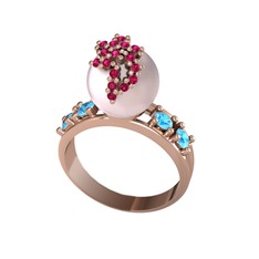 Afra İnci Yüzük - Pembe inci, rodolit garnet ve akuamarin 18 ayar rose altın yüzük #aercrr