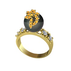 Afra İnci Yüzük - Siyah inci, sitrin ve beyaz zirkon 18 ayar altın yüzük #ala79p