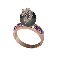 Afra İnci Yüzük - Siyah inci, beyaz zirkon ve ametist 18 ayar rose altın yüzük #am7pzu