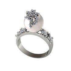 Afra İnci Yüzük - Inci, pırlanta ve beyaz zirkon 14 ayar beyaz altın yüzük (0.176 karat) #ax06v0