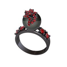 Afra İnci Yüzük - Siyah inci ve garnet 925 ayar siyah rodyum kaplama gümüş yüzük #ayll1x