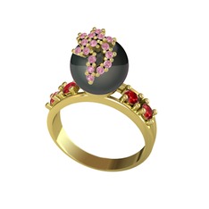 Afra İnci Yüzük - Siyah inci, pembe kuvars ve garnet 925 ayar altın kaplama gümüş yüzük #b6cw8q