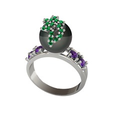 Afra İnci Yüzük - Siyah inci, yeşil kuvars ve ametist 14 ayar beyaz altın yüzük #bfxwx1