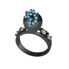 Afra İnci Yüzük - Siyah inci, akuamarin ve swarovski 925 ayar siyah rodyum kaplama gümüş yüzük #bg5en7