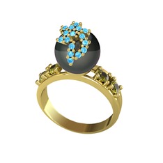 Afra İnci Yüzük - Siyah inci, akuamarin ve peridot 18 ayar altın yüzük #bi82xx