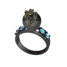 Afra İnci Yüzük - Siyah inci, peridot ve akuamarin 925 ayar siyah rodyum kaplama gümüş yüzük #bl4ulr