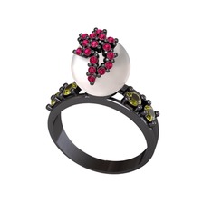 Afra İnci Yüzük - Inci, rodolit garnet ve peridot 925 ayar siyah rodyum kaplama gümüş yüzük #bt2lgr