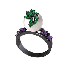 Afra İnci Yüzük - Inci, yeşil kuvars ve ametist 925 ayar siyah rodyum kaplama gümüş yüzük #c4ry6g