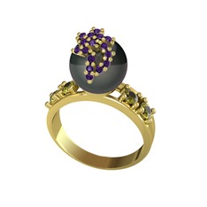 Afra İnci Yüzük - Siyah inci, ametist ve peridot 18 ayar altın yüzük #clxrcm