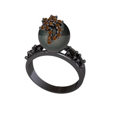 Afra İnci Yüzük - Siyah inci, dumanlı kuvars ve siyah zirkon 925 ayar siyah rodyum kaplama gümüş yüzük #d1ogy2