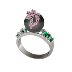 Afra İnci Yüzük - Siyah inci, pembe kuvars ve yeşil kuvars 8 ayar beyaz altın yüzük #d7ryqb