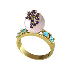 Afra İnci Yüzük - Pembe inci, ametist ve akuamarin 14 ayar altın yüzük #ddw914