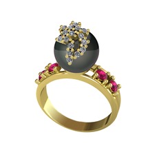 Afra İnci Yüzük - Siyah inci, swarovski ve rodolit garnet 18 ayar altın yüzük #dsg5x4