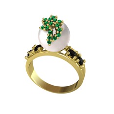 Inci, yeşil kuvars ve siyah zirkon 8 ayar altın yüzük