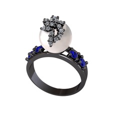 Afra İnci Yüzük - Inci, swarovski ve lab safir 925 ayar siyah rodyum kaplama gümüş yüzük #e0ceub