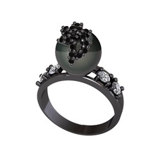 Afra İnci Yüzük - Siyah inci, siyah zirkon ve swarovski 925 ayar siyah rodyum kaplama gümüş yüzük #e1qj94
