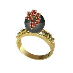 Siyah inci, garnet ve peridot 8 ayar altın yüzük