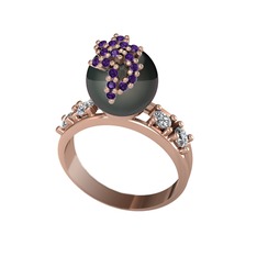 Afra İnci Yüzük - Siyah inci, ametist ve swarovski 14 ayar rose altın yüzük #e7ub8o