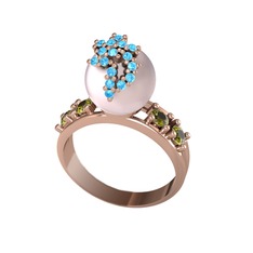 Afra İnci Yüzük - Pembe inci, akuamarin ve peridot 8 ayar rose altın yüzük #efe3o8