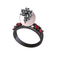 Pembe inci, beyaz zirkon ve garnet 925 ayar siyah rodyum kaplama gümüş yüzük