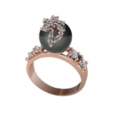 Siyah inci, swarovski ve pırlanta 8 ayar rose altın yüzük (0.044 karat)