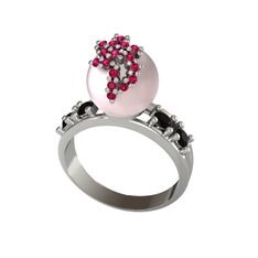 Pembe inci, rodolit garnet ve siyah zirkon 14 ayar beyaz altın yüzük