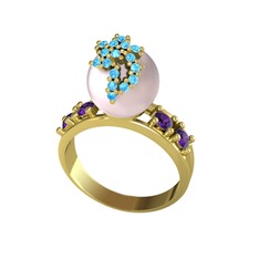 Afra İnci Yüzük - Pembe inci, akuamarin ve ametist 18 ayar altın yüzük #f1vrrf