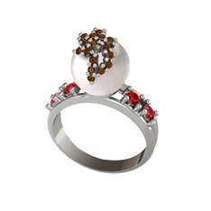 Afra İnci Yüzük - Inci, dumanlı kuvars ve garnet 18 ayar beyaz altın yüzük #frlqov