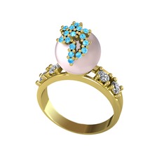 Pembe inci, akuamarin ve swarovski 14 ayar altın yüzük