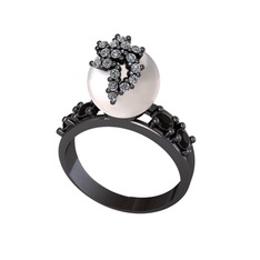 Afra İnci Yüzük - Inci, beyaz zirkon ve siyah zirkon 925 ayar siyah rodyum kaplama gümüş yüzük #gks4he