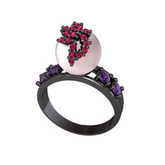 Afra İnci Yüzük - Pembe inci, rodolit garnet ve ametist 925 ayar siyah rodyum kaplama gümüş yüzük #hd7zie