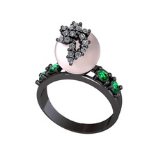 Afra İnci Yüzük - Pembe inci, swarovski ve yeşil kuvars 925 ayar siyah rodyum kaplama gümüş yüzük #hony5a