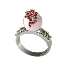 Afra İnci Yüzük - Pembe inci, garnet ve peridot 8 ayar beyaz altın yüzük #i3xk8w