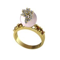 Pembe inci, swarovski ve dumanlı kuvars 14 ayar altın yüzük