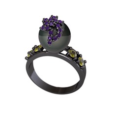 Afra İnci Yüzük - Siyah inci, ametist ve peridot 925 ayar siyah rodyum kaplama gümüş yüzük #iv8m0o
