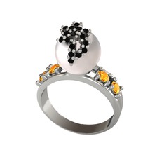 Afra İnci Yüzük - Inci, siyah zirkon ve sitrin 18 ayar beyaz altın yüzük #k86iv8