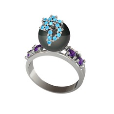 Afra İnci Yüzük - Siyah inci, akuamarin ve ametist 18 ayar beyaz altın yüzük #ktw762