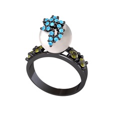 Afra İnci Yüzük - Inci, akuamarin ve peridot 925 ayar siyah rodyum kaplama gümüş yüzük #kwl4x4