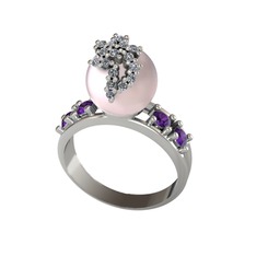 Afra İnci Yüzük - Pembe inci, pırlanta ve ametist 14 ayar beyaz altın yüzük (0.176 karat) #kypm1l