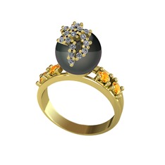 Siyah inci, beyaz zirkon ve sitrin 8 ayar altın yüzük