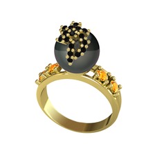 Siyah inci, siyah zirkon ve sitrin 8 ayar altın yüzük