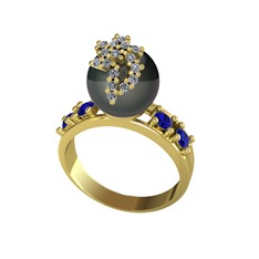 Afra İnci Yüzük - Siyah inci, swarovski ve lab safir 8 ayar altın yüzük #lok3au