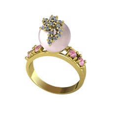 Afra İnci Yüzük - Pembe inci, swarovski ve pembe kuvars 14 ayar altın yüzük #msi213
