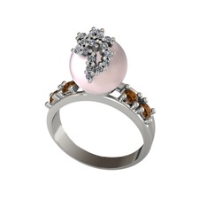 Pembe inci, swarovski ve dumanlı kuvars 8 ayar beyaz altın yüzük
