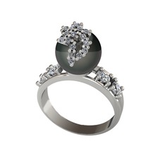 Afra İnci Yüzük - Siyah inci, pırlanta ve beyaz zirkon 925 ayar gümüş yüzük (0.176 karat) #ns41lq