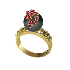 Afra İnci Yüzük - Siyah inci, rodolit garnet ve peridot 8 ayar altın yüzük #o3fdmm