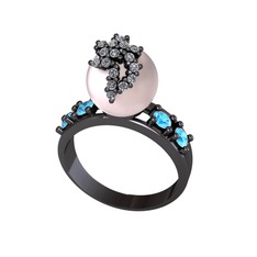 Afra İnci Yüzük - Pembe inci, pırlanta ve akuamarin 925 ayar siyah rodyum kaplama gümüş yüzük (0.176 karat) #oeevq9