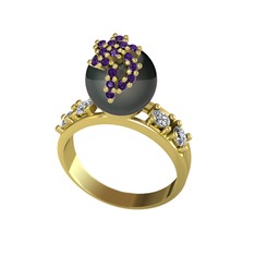 Afra İnci Yüzük - Siyah inci, ametist ve swarovski 8 ayar altın yüzük #p1yiee