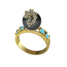 Afra İnci Yüzük - Siyah inci, pırlanta ve akuamarin 925 ayar altın kaplama gümüş yüzük (0.176 karat) #p64lnz